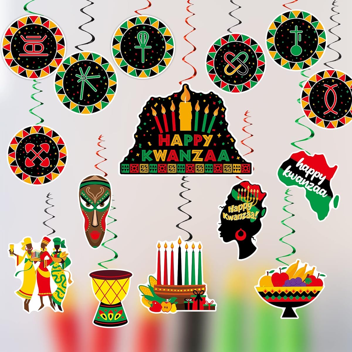 Kwanzaa Decorations 15 Pieces Happy Kwanzaa Kinara Cards Kwanzaa Hanging Swirl Decorations for Home Office Classroom Kwanzaa Hanging Decor Kwanzaa Party MISS FANTASY