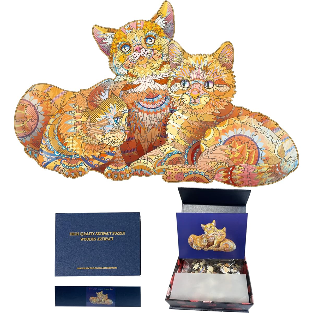 NKTDWO Wooden Jigsaw Puzzle Cat Puzzle Unique Animal Shape Puzzle for Adults and Kids 200 Pieces Magic Puzzle Decoration Gift Family Game (M, Orange Cat)