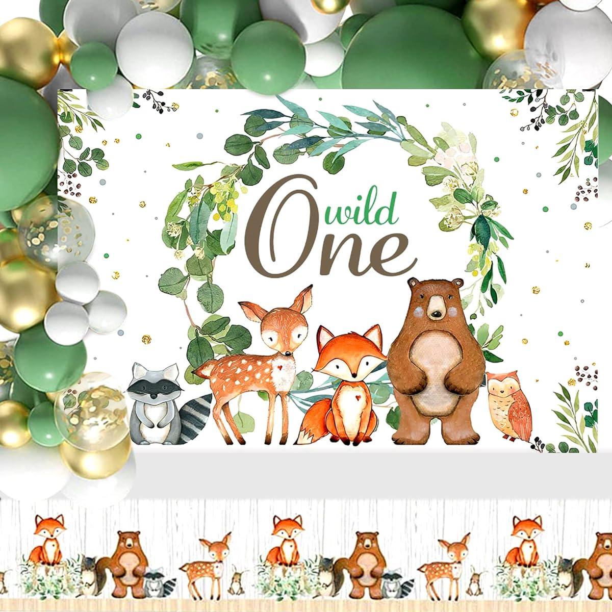 LaVenty 119 Pieces Woodland Animals Wild One Decorations Woodland Wild One Party Supplies Forest First Birthday Decoration Woodland Animals Balloons Woodland Animals Table Cover Wild One Background