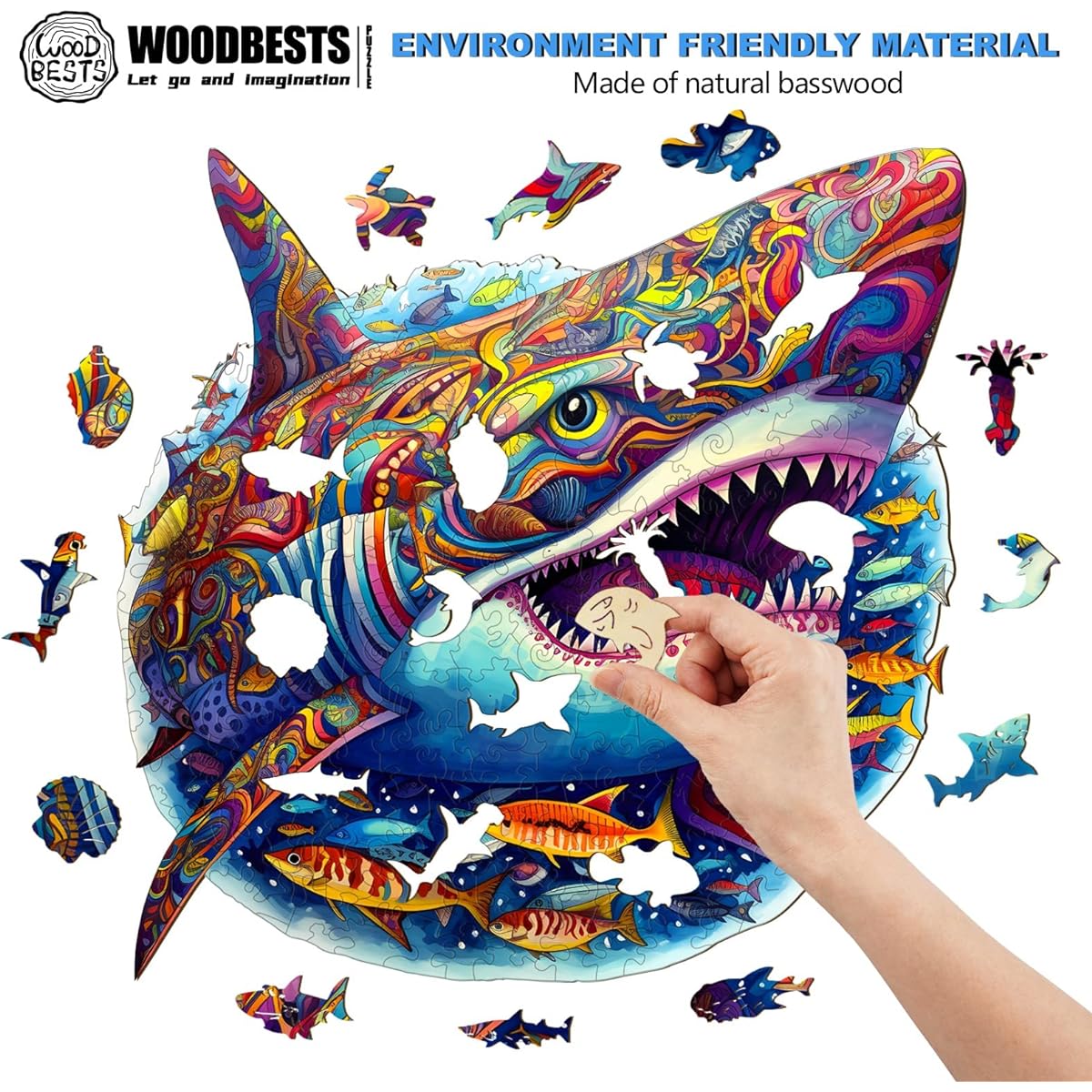 WOODBESTS Wooden Puzzle for Adults Shark Puzzle Large 300 Pieces 15.7" x 15.5" Beautiful Wooden Box Wooden Jigsaw Puzzle Unique Shape Birthday Gift for Adults and Kids Family Game