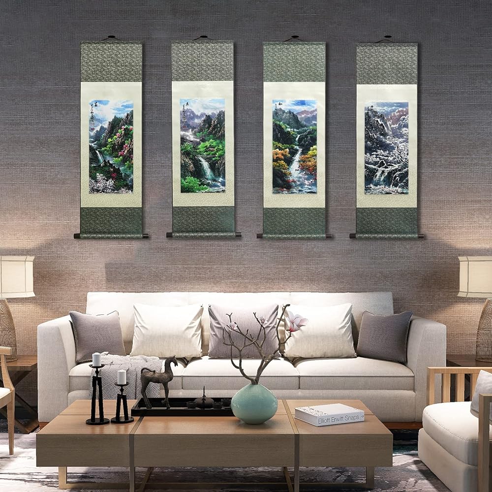 Silk Hanging Scroll Silk Scroll Painting Asian Wall Decoration Four Seasons Spring Summer Landscape Painting Beautiful Chinese Painting Hanging Scroll Painting Scroll Oriental Decoration 99 x 30 cm (39 x 12 inches)