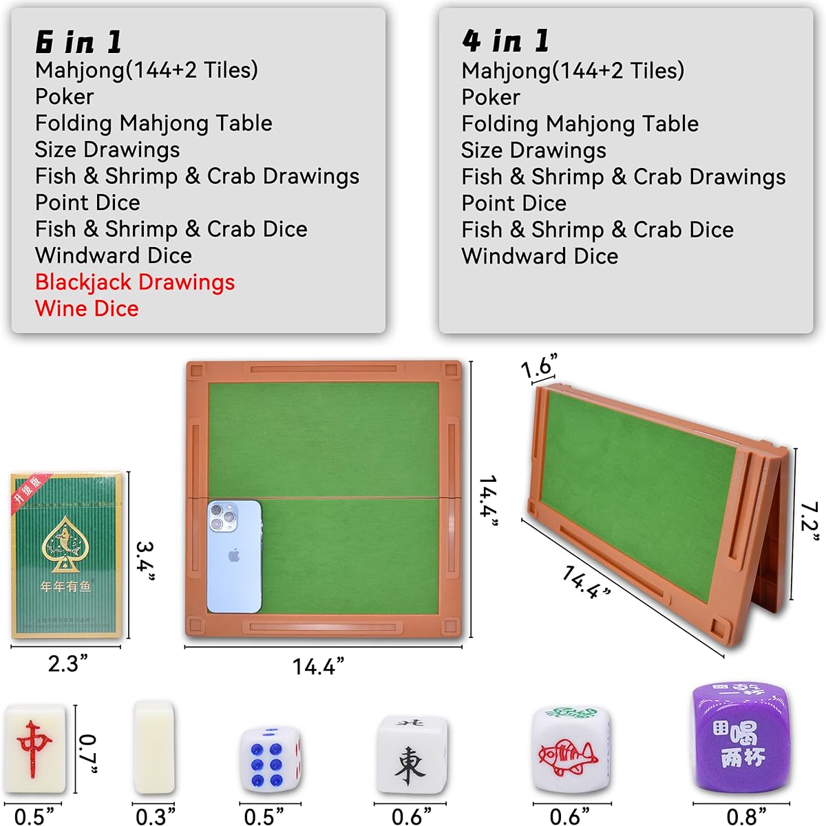 drizzle Travel Mahjong Travel Mahjong Set 4 in 1 with Mahjong Table - 146 Tiles Portable Size Mahjong - Poker Size Drawings of Fish, Shrimp and Crab - Travel Board Game for Dorms