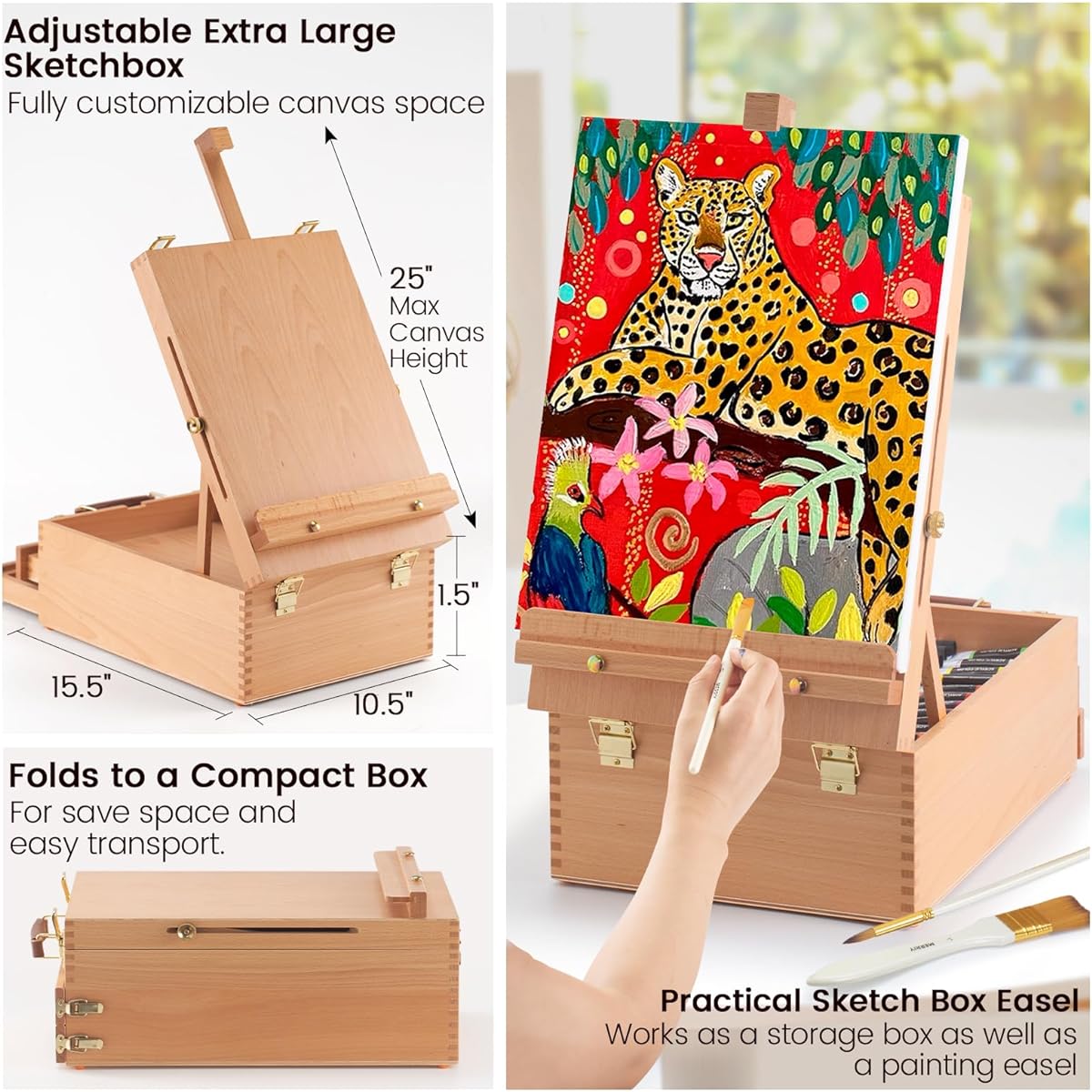 MERRIY 80 Piece Acrylic Paint Set Artist Painting Supplies Kit with Tabletop Sketch Box Easel, 48 Colors of Acrylic Paint, 11" x 14" Stretched Canvas and More, Premium Acrylic Painting Set for Adults