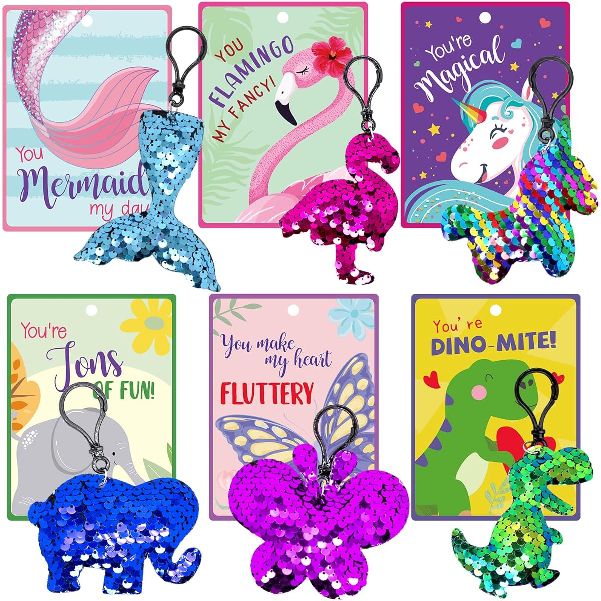 Pseutio 30 Pack Valentine's Day Gifts for Kids Classroom with Sequin Keychain Valentine Cards for Kids/Classroom/School/Valentine Gift Exchange