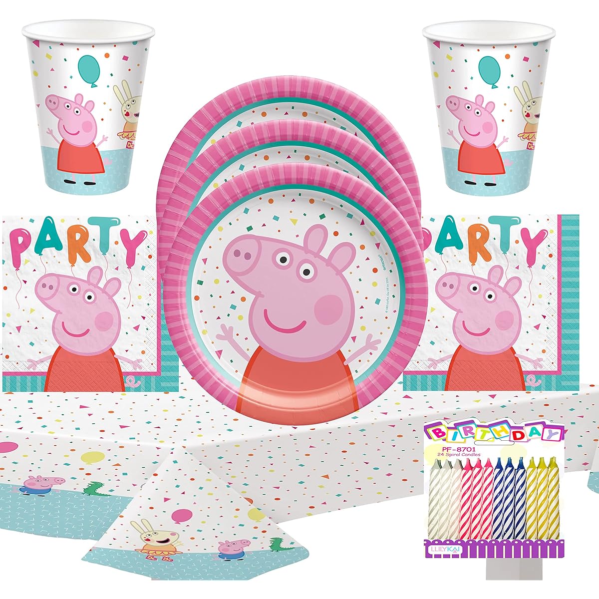 Peppa Pig Party Supplies Pack - Serves 16 - Includes Dessert Plates, Drinking Napkins, Cups and Table Covers, and Birthday Candles (Set of 16)