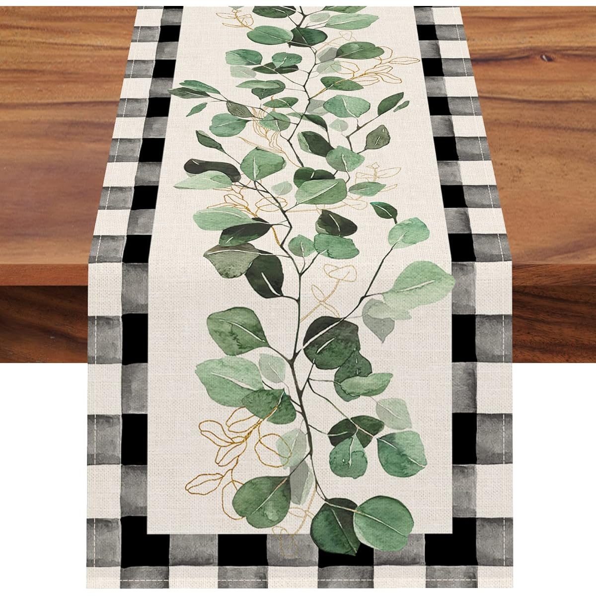 Seliem Spring Eucalyptus Leaf Greenery Table Runner Black White Buffalo Check Check Kitchen Dining Table Decor Green Plants Summer Farmhouse Home Decorations Party Supplies 13 x 72 Inch