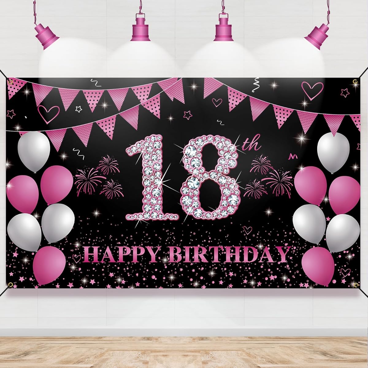 HTDZZI 18th Birthday Decoration Happy 18th Birthday Background Banner for Girls Hot Pink 18th Birthday Party Yard Sign Photo Booth Props Backdrop Decoration Fabric
