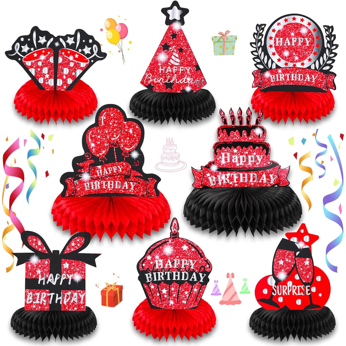 8pcs Red Black Happy Birthday Decorations Table Honeycomb Centerpieces Red Black 3D Happy Birthday Table Toppers Signs Party Supplies for Women Men Birthday Table Decor Party Favors Photo Booth Props