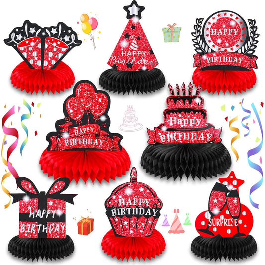 8pcs Red Black Happy Birthday Decorations Table Honeycomb Centerpieces Red Black 3D Happy Birthday Table Toppers Signs Party Supplies for Women Men Birthday Table Decor Party Favors Photo Booth Props