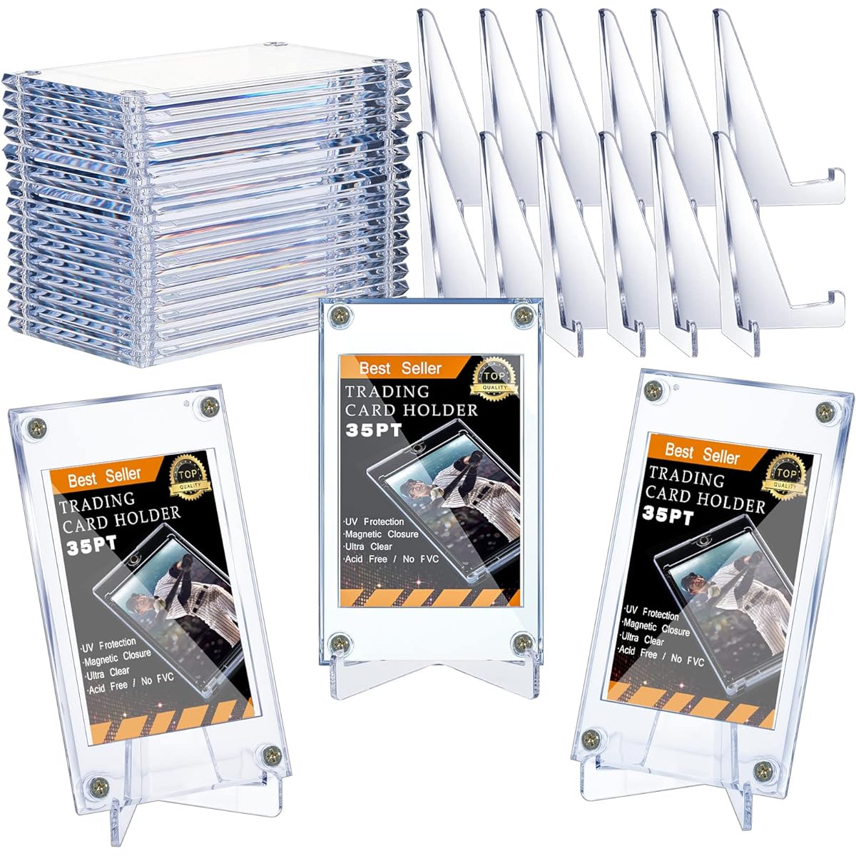 Jetec 30 Pieces Screw Trading Card Protector with Display Stand Acrylic Card Holder 35PT Baseball Card Holder for Trading Cards Football Sports Game Card Storage Display