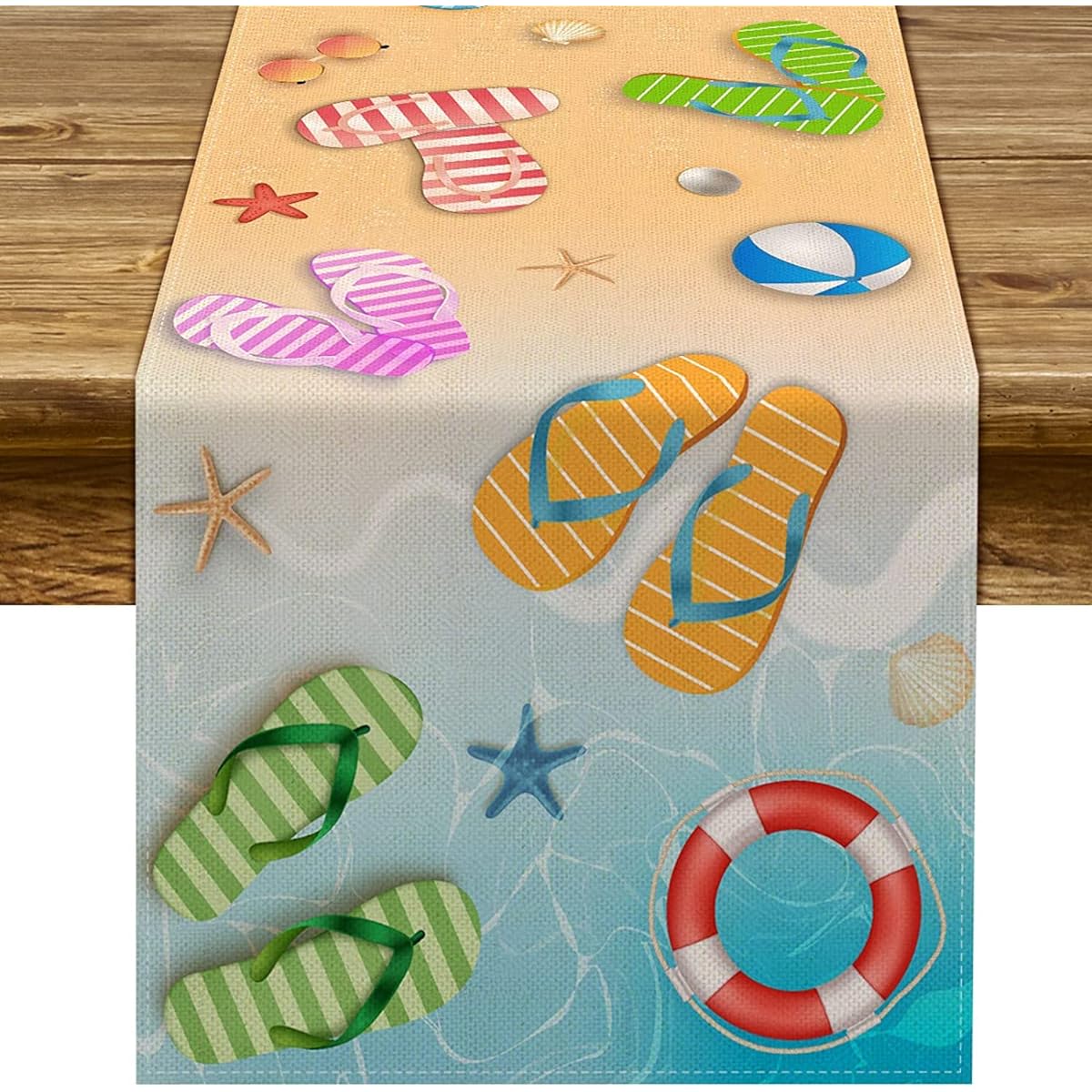 Summer Beach Table Runner Flip Flops Seaside Theme Birthday Seasonal Holiday Party Kitchen Dining Room Home Decorations (13" x 60")