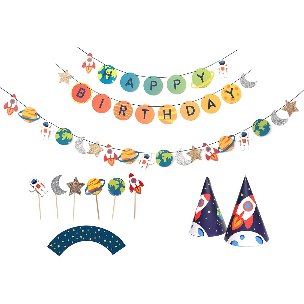 Trip To The Moon Birthday Party Decorations Kit for 12 Guests Party, Happy Birthday Banner, Space Garland, Cupcake Toppers, Party Hats, Kids Birthday Party Decorations
