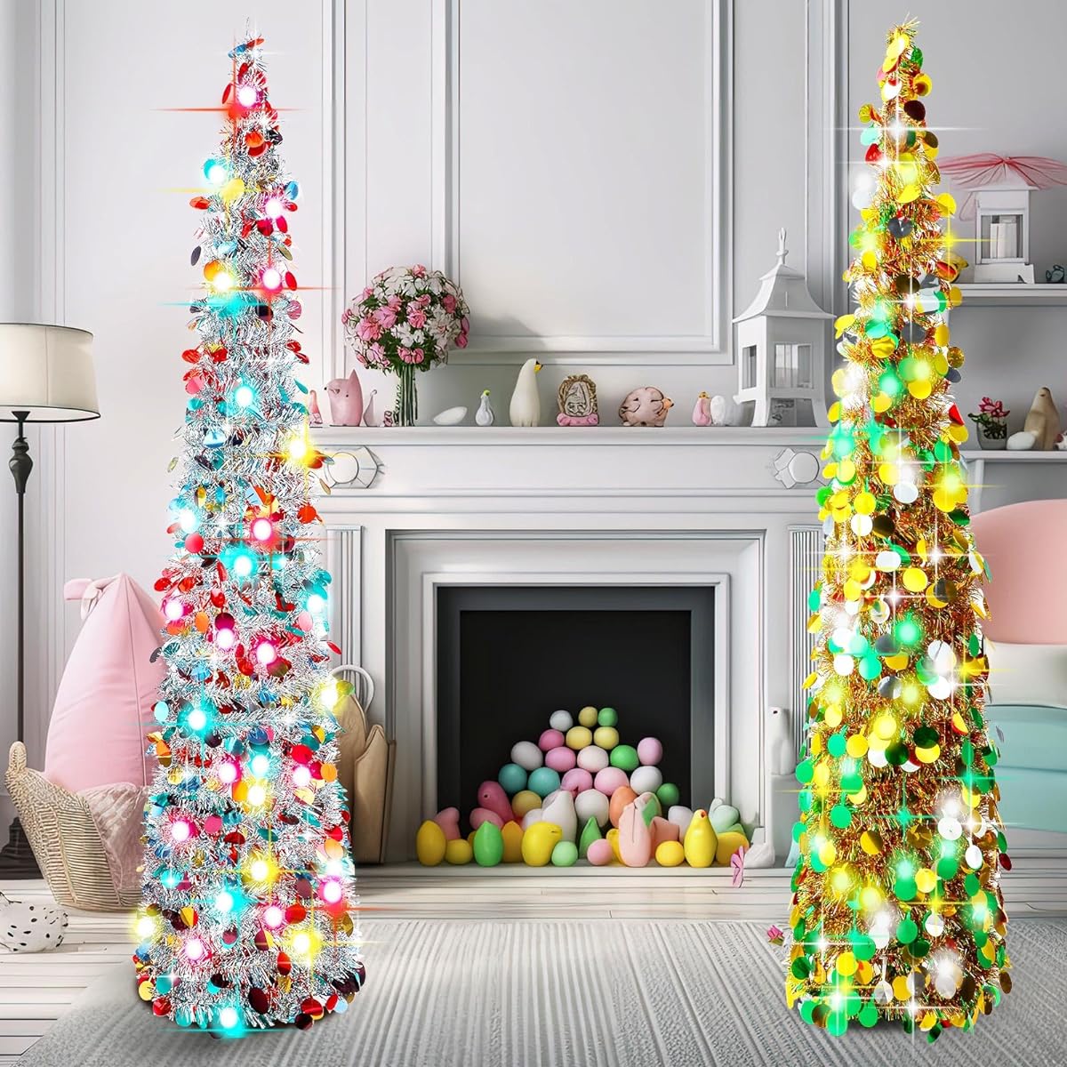 Sosation 5ft Pop Up Christmas Tree Lights Tinsel Skinny Pencil Tree with String LED Artificial Sequins Slim Foldable Coastal Tree Decorations for Holiday Christmas Fireplace Indoor Outdoor Decor 2pcs