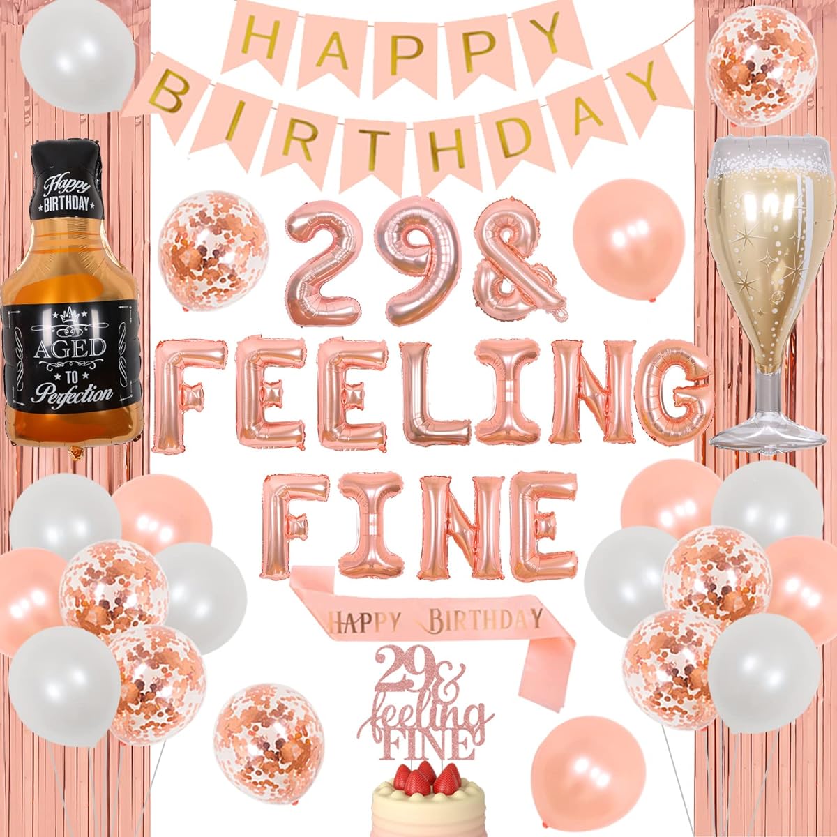 Cheereveal 29th Birthday Decorations for Women Rose Gold 29&Feeling Fine Birthday Decorations 29th Birthday Toast Balloons 29th Birthday Feeling Fine Cake Topper 29th Birthday Decorations