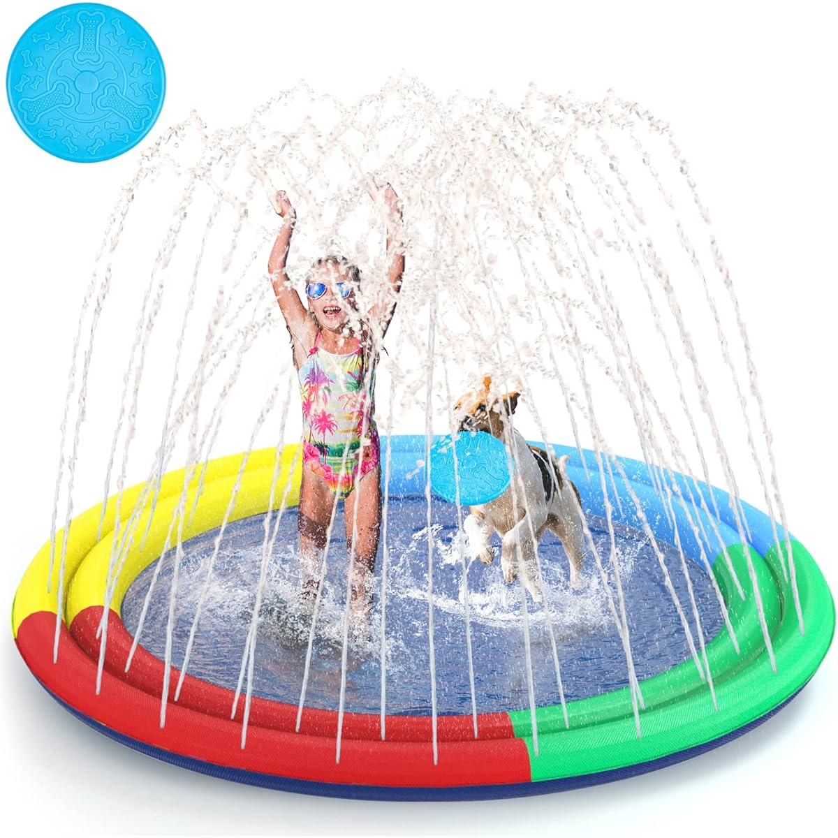 Docuwee Splash Sprinkler Pad with Flying Disc for Dogs 67" Thick Anti-Slip Dog Pool Bathtub Pet Outdoor Summer Fun Water Play Toy for Dogs