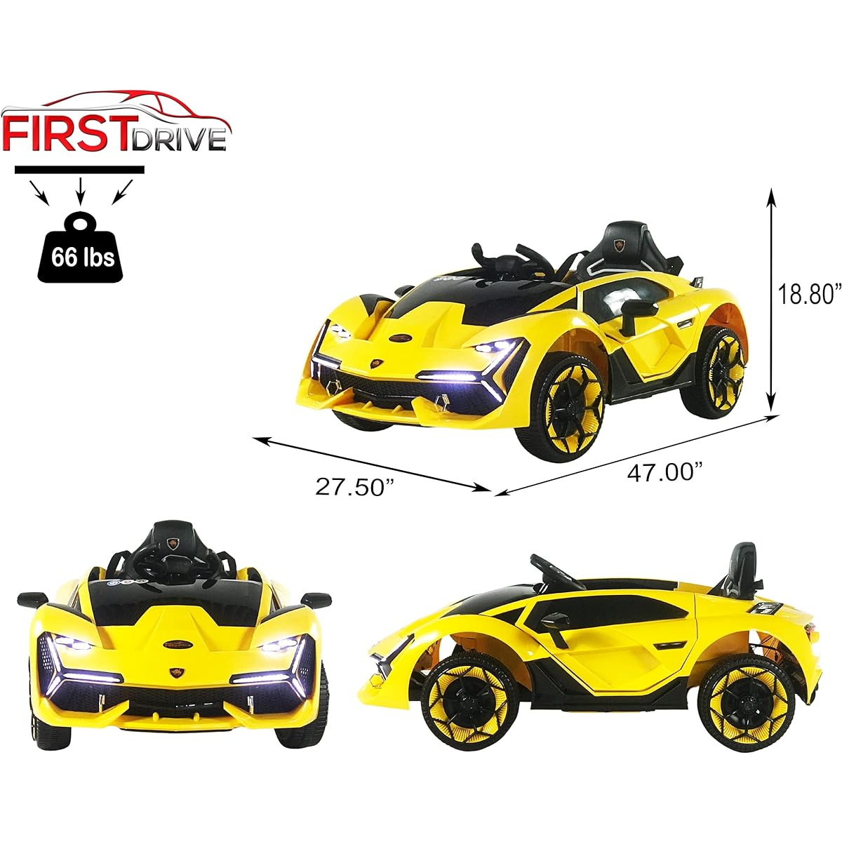 First Drive Lambo Concept Yellow 12V Kids Car - Dual Motor Electric Ride On Car with Remote, MP3, AUX Cord, LED Headlight, Premium Wheels