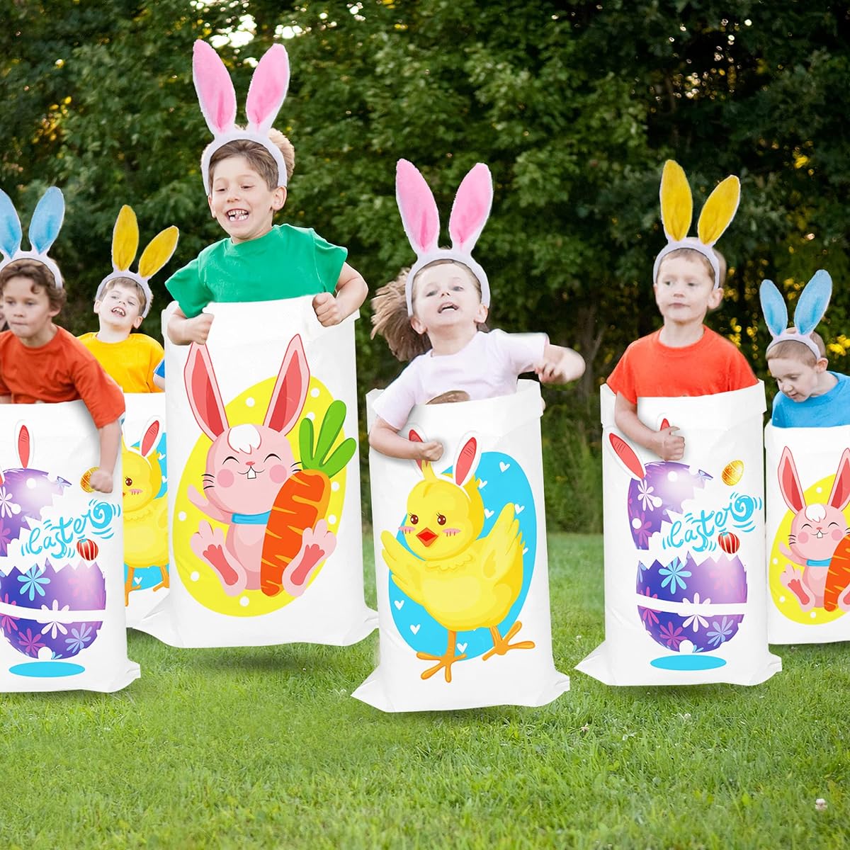 moonoom Easter Sacks Lace Bags Outdoor Party Game Supplies Bunny Potato Sacks Lace Jump Bags 6pcs Bunny Ear Headbands for Easter Theme Party Carnival Games School Party Games