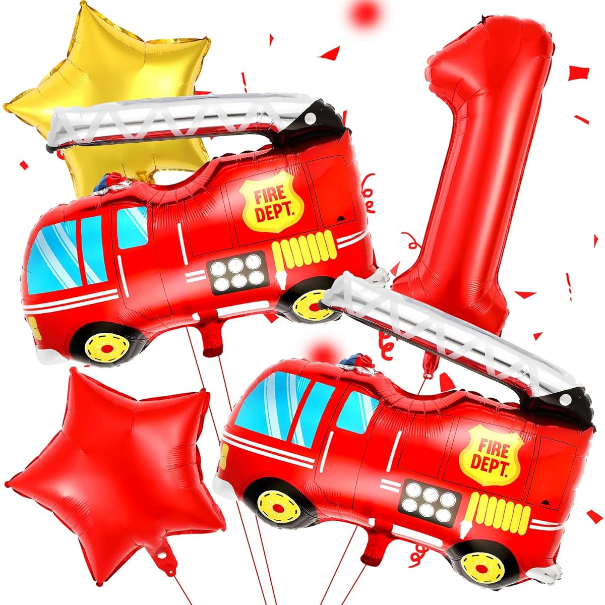 Fire Truck 1st Birthday Party Decorations, 5pcs Firefighter Truck Number 1 Foil Balloons for Kids Boys Fireman Engine Rescue Theme Fire Engine 1st Birthday Supplies
