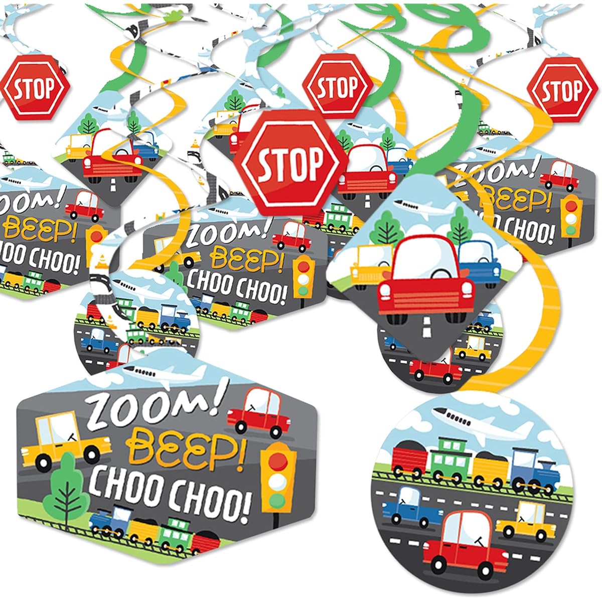 Big Dot of Happiness Cars, Trains, Planes - Transportation Birthday Party Hanging Decorations - Party Decoration Swirls - Set of 40