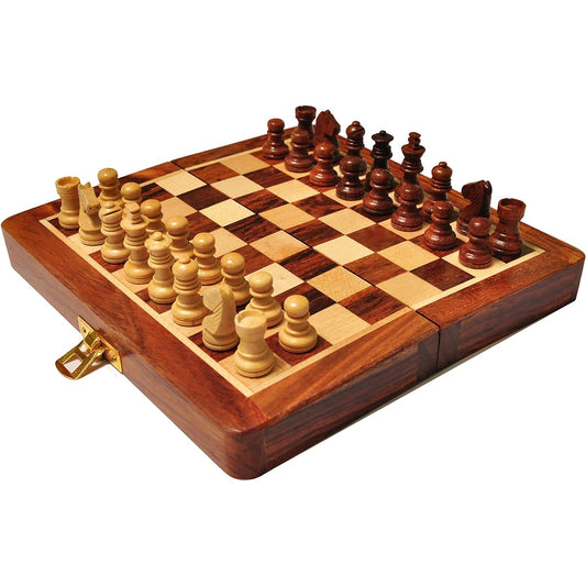 7" Handmade Foldable Wooden Magnetic Chess Board Set with 2 Extra Queens, Chessman Size (7x7")