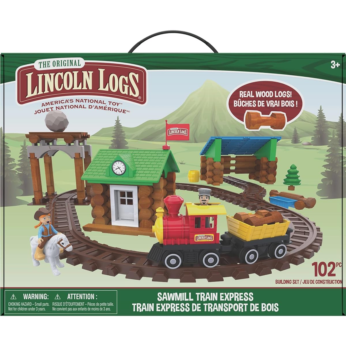 LINCOLN LOGS Sawmill Express Train - 101 Pieces - Real Wood Logs - Buildable Train Tracks - Ages 3+ - Best Retro Building Gift Set for Boys/Girls - Creative Construction Engineering - Preschool Educational Toy