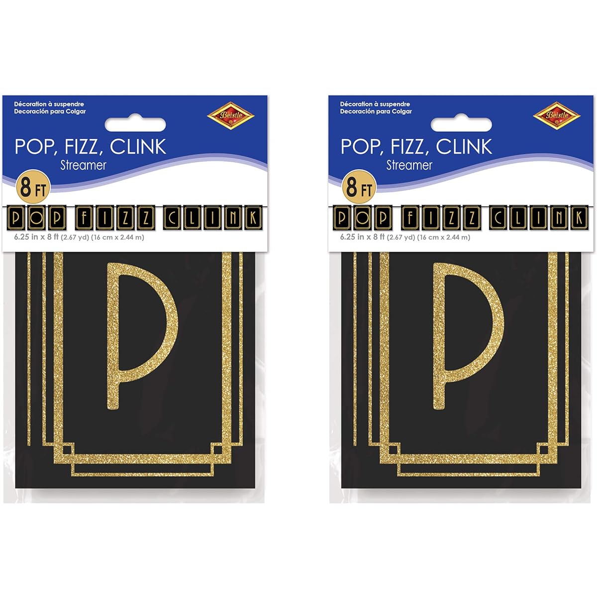 Beistle 80011 2Piece Pop, Fizz, Clink Streamers, 6.25" x 12', Black/Gold