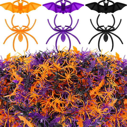 200pcs Halloween Spider Ring Bat Ring Plastic Spider Bat Ring Fake Toy Ring Bulk Halloween Ring Plastic Cupcake Toppers Halloween Decorations Party Favors Gift (Bright Colors, Bats, Spiders)