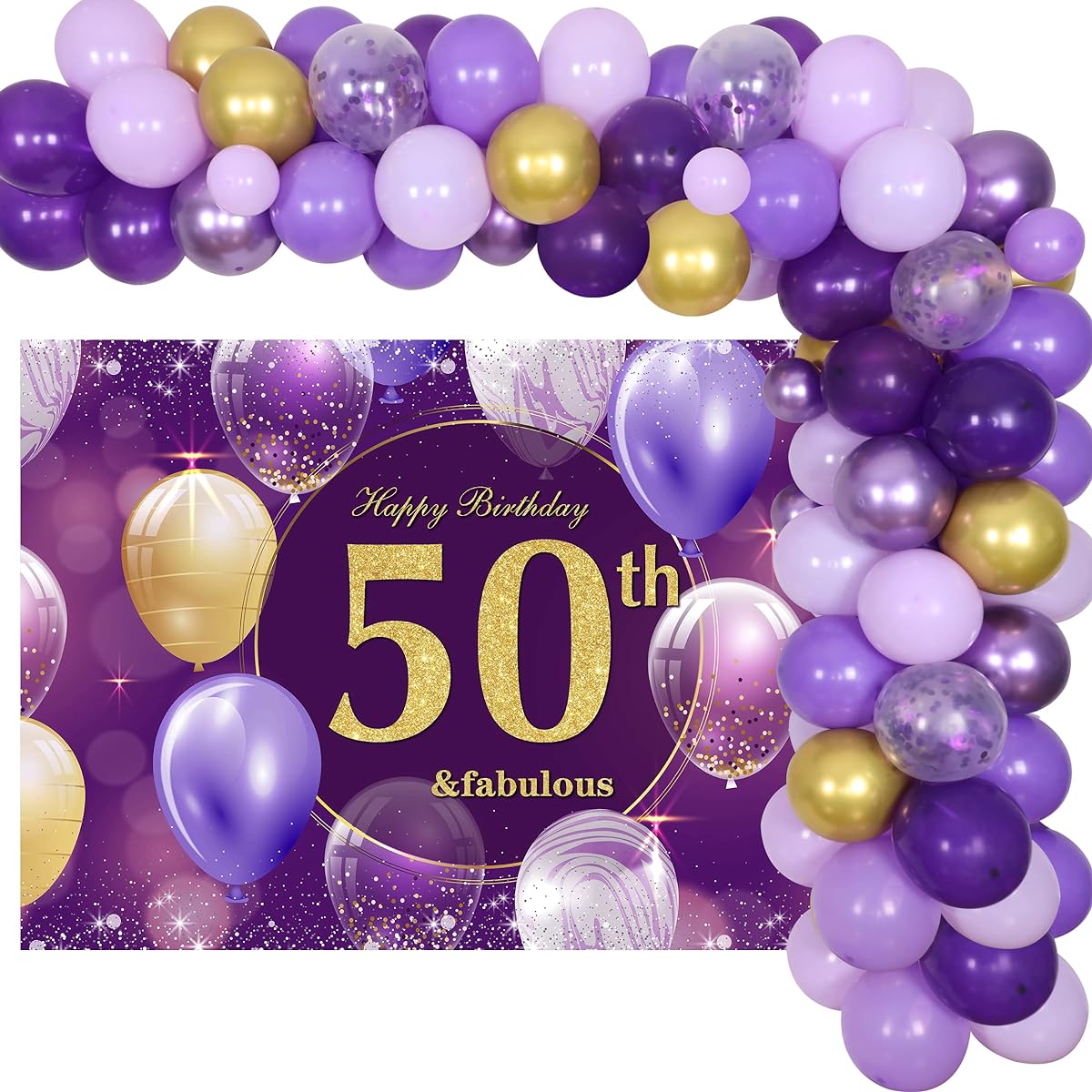 Purple 50th Birthday Decorations for Women - Balloon Garland Kit Purple & Gold 5x3ft Happy 50th Birthday Backdrop, Confetti Balloons 50th Birthday Party Supplies