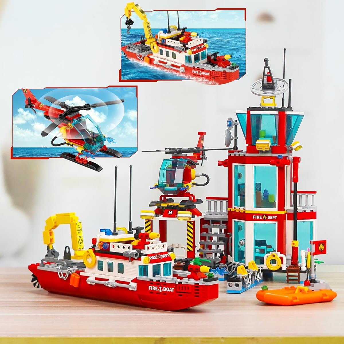 City Oceans Fire Station Building Kit Compatible with Lego Fire Station Set, Includes Fire Station, Fire Ship, Fire Helicopter and Rescue Boat, Gift for Boys Ages 8-14