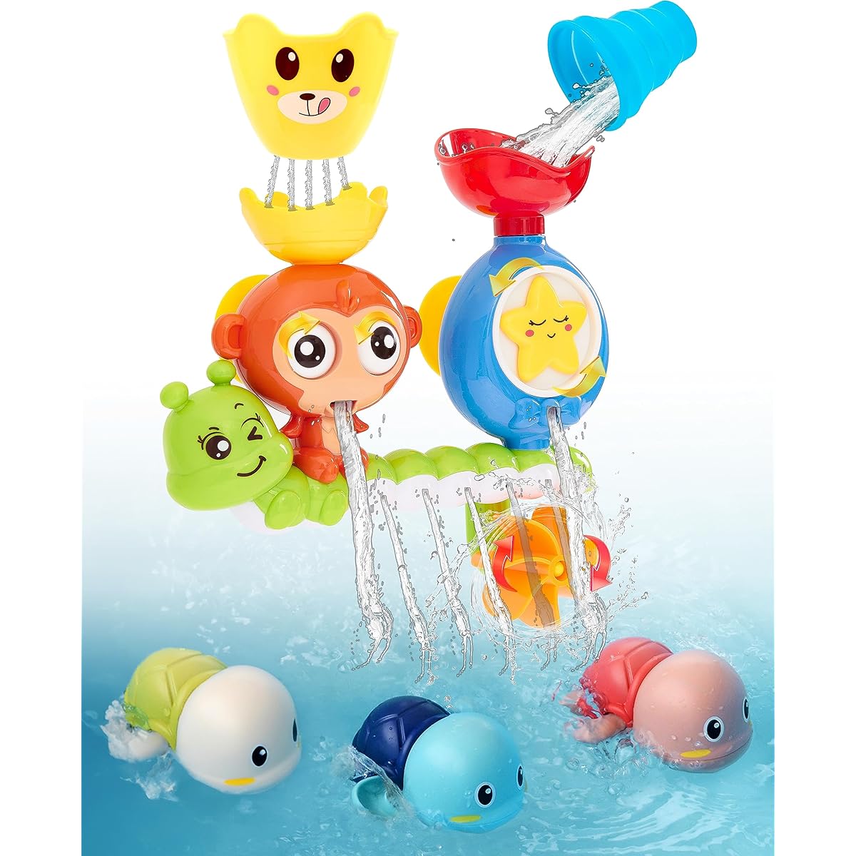 KidStation - 3 Wind Up Swimming Turtles + Monkey Bathtub Bath Toy with Swivel Eyes - (1-3 years, 2-4 years, 3-4 years, 4 years, Kids 4-8 years)