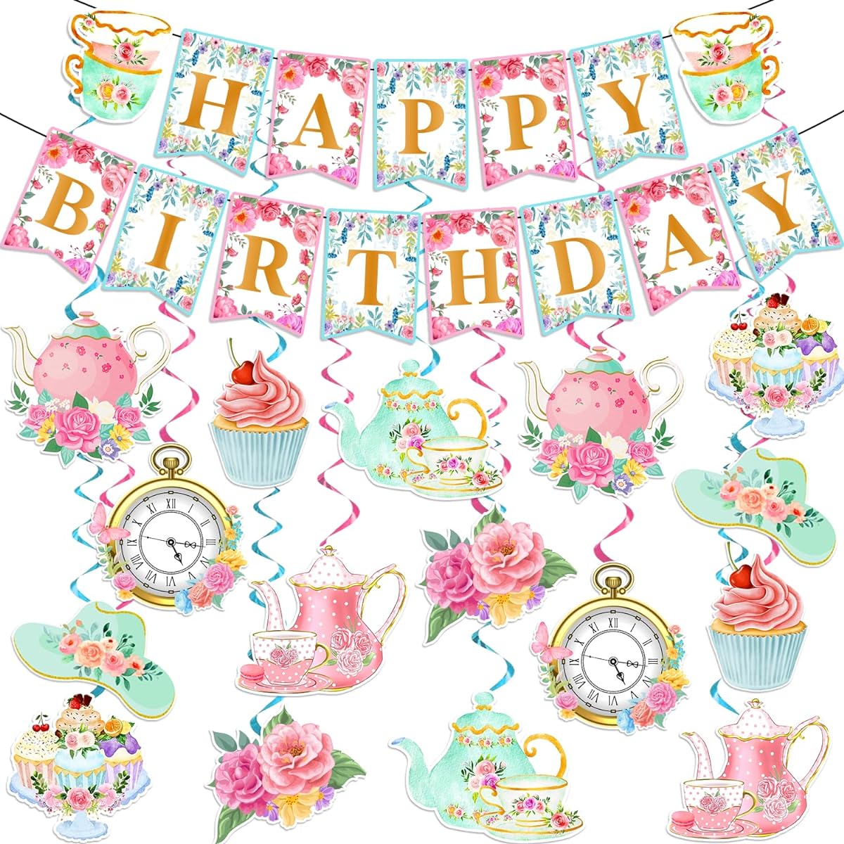 Tea Party Decorations Floral Tea Birthday Party Decorations Teapot Birthday Banner with Floral Hanging Swirls Tea Party Decorations Little Girl Baby Shower Party Supplies