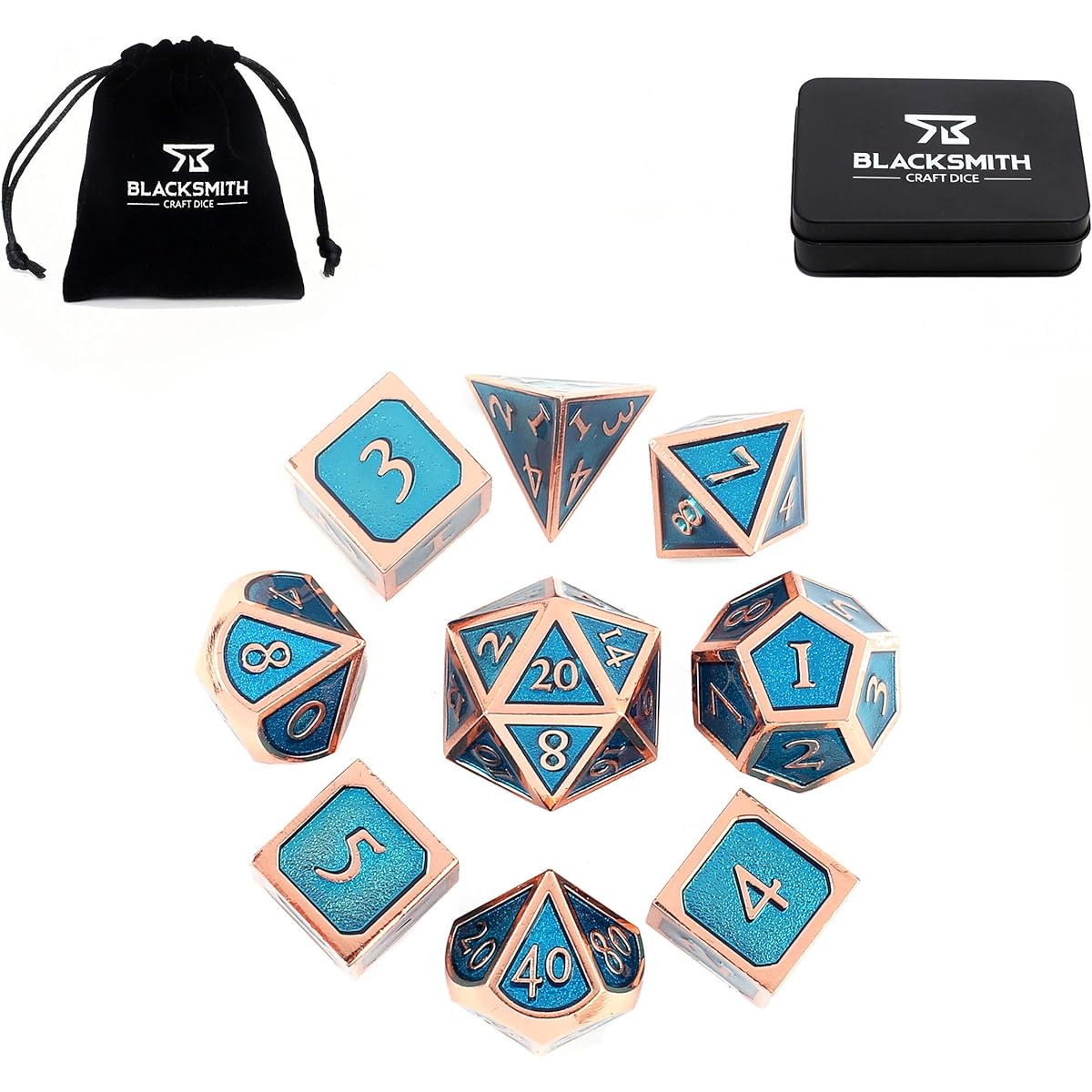 HEIMDALLR Metal D&D Dice Set 9 pcs - 2 Extra D6s, Metal Dice Box & Velvet Dice Bag; Metal DND Dice Set D&D (Dungeons and Dragons Dice Set) w D20 Dice - Blacksmith Craft Dice (Seafarer)