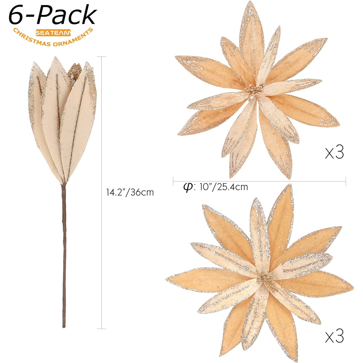 Sea Team 6 Pack Artificial Glitter Poinsettia Pick Christmas Flower Ornaments Christmas Tree Decoration Suede Finish 2 Styles 10" Champagne