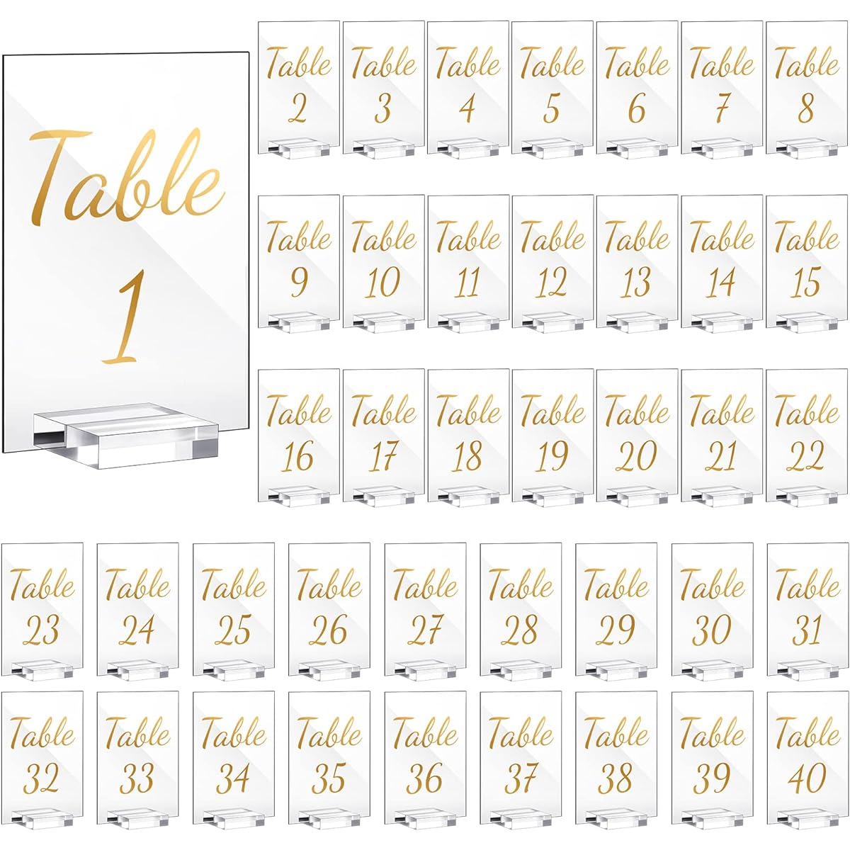 Acrylic Wedding Table Numbers 1-40 Clear Wedding Table Stands with Numbers Calligraphy Table Number Holders 4 x 6 Inch Acrylic Table Signs for Wedding Reception Centerpiece Decorations (Gold)