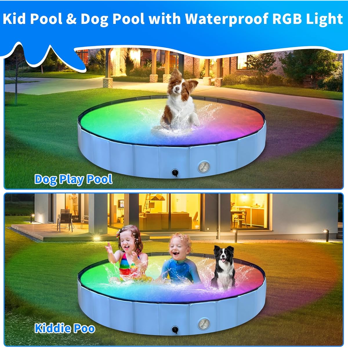 Thecvia Collapsible Dog Pool with RGB Lights, Kids Pool for Toddlers Ages 1-3, 63 Inch Blue Pet Bathing Tub, Kids Swimming Pool, Backyard Foldable Kids Pool, Toys for Toddlers Ages 1-12+