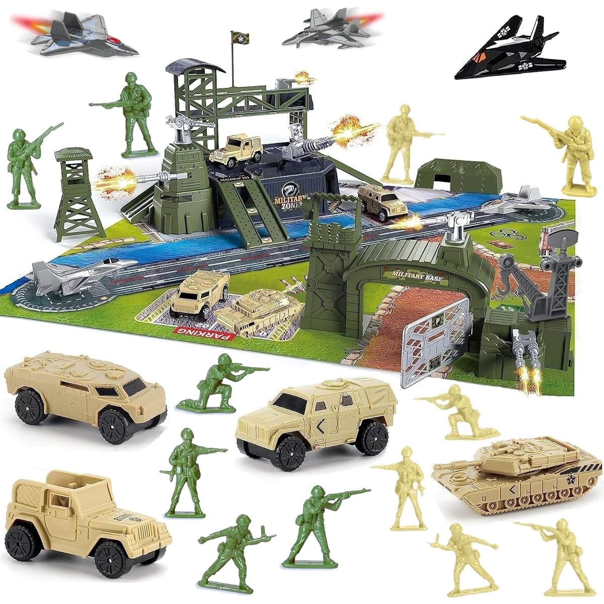Military Base Set Army Men Playset with Vehicle Accessories and Play Map Plastic Christmas Toy Gift for 3 4 5 6 7 8 Years Old Boys Girls Kids