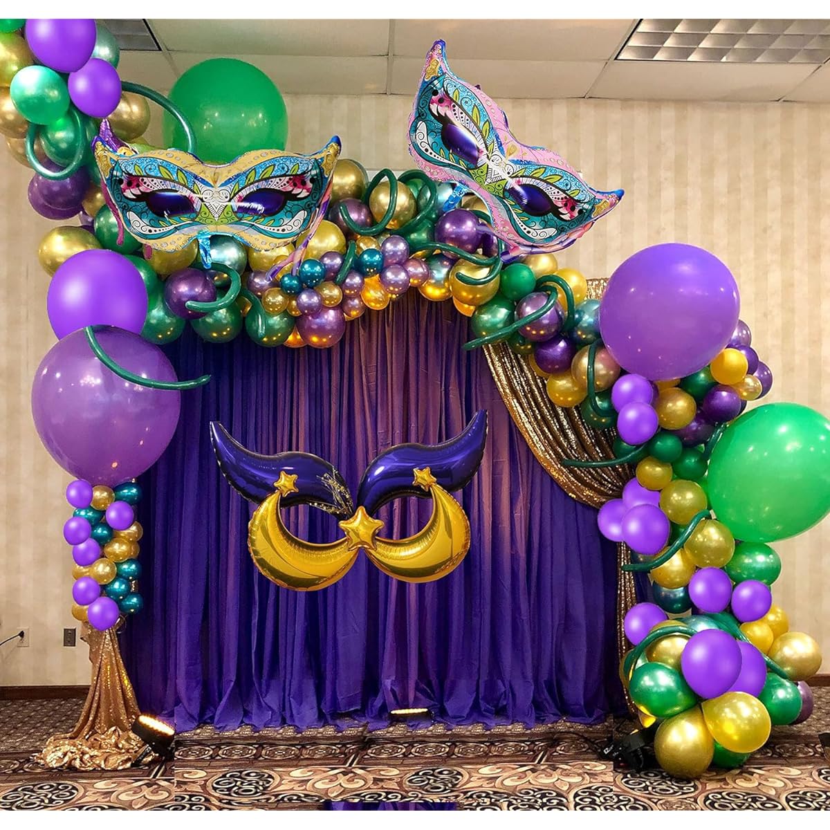 Mardi Gras Balloon Garland Kit - 152pcs Purple Green Gold Balloons, Mask Sign and Foil Balloons for Mardi Gras Masquerade Ball and New Orleans Party