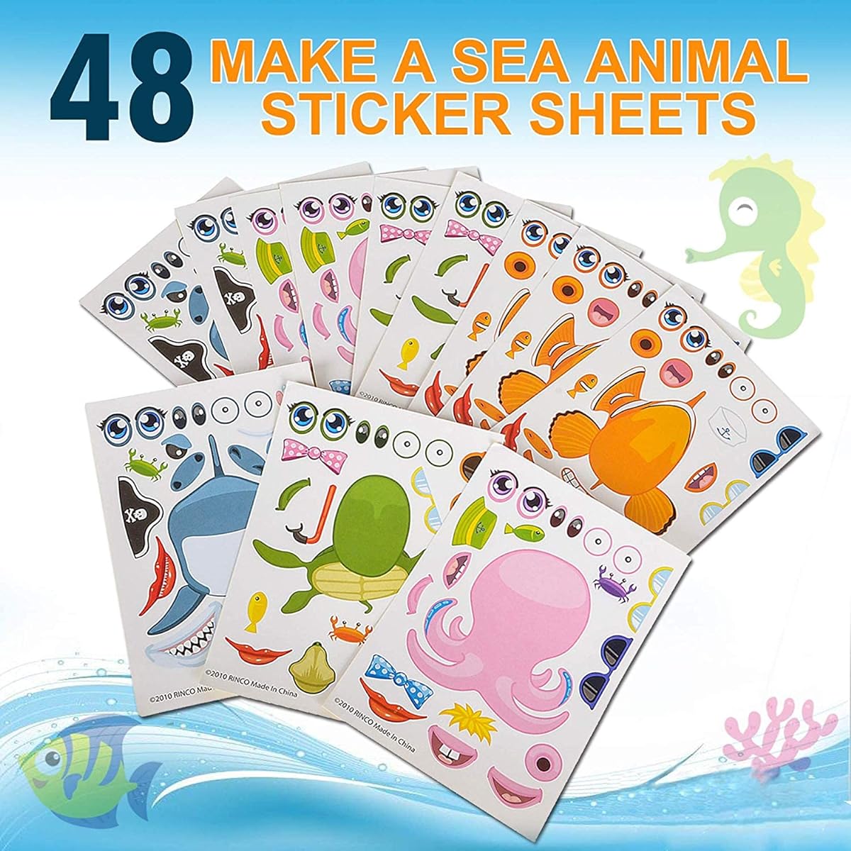 HOWBOUTDIS (48 Sheets) Make Your Own Ocean Stickers Sheets, perfect for parties, school, craft time, improve your child's creativity.