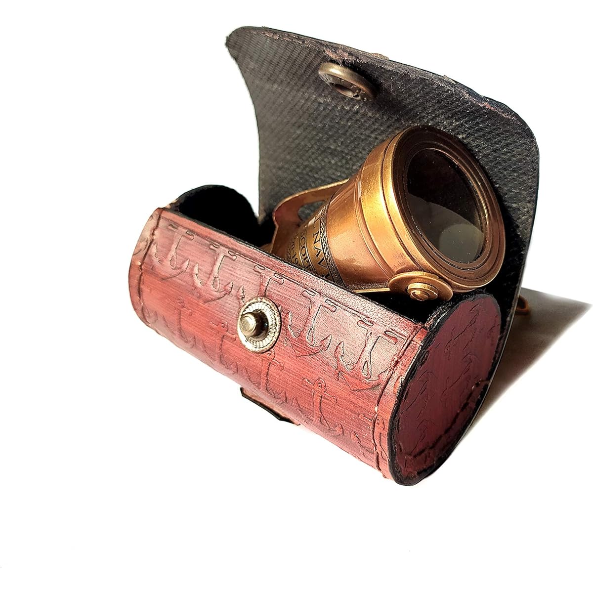 A.A.Nauticals - 3.5" Royal Navy 1915 Brass Monocular Telescope with Red Engraved Leather Box - Gift Item (Brown Antique, Focus Adjuster)