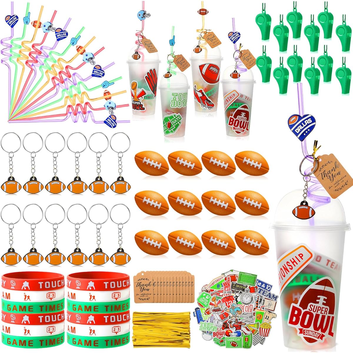 Basketball Football Birthday Gift Party Favor Set Good Cup with Straw Keychain Whistle Silicone Wristband Sticker Party Supplies Classroom Rewards (Football)