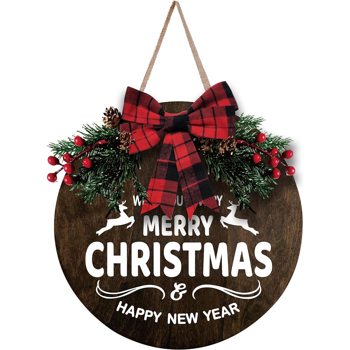MayAvenue Funny Christmas Wreath Decorative Sign Front Door Round Wooden Hanging Sign with Ribbon Bow Artificial Pine Branches Green Leaves Farmhouse Porch Decorations for Home Christmas Brown