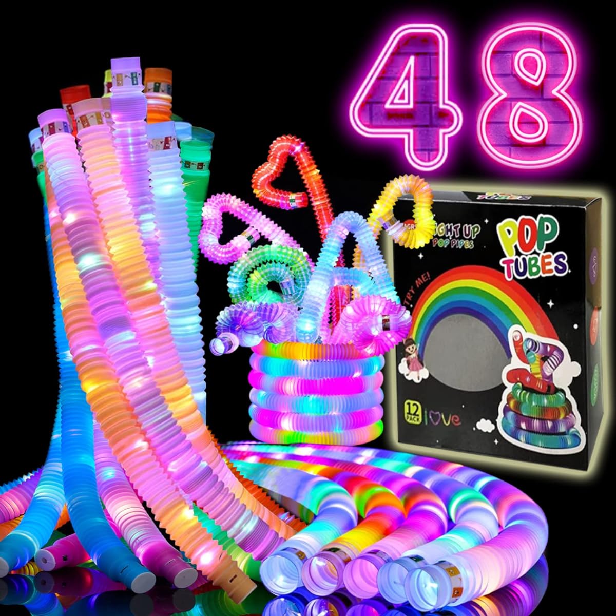 Glow in the Dark Party Supplies 48pcs Light Up Glow Sticks - LED Pop Tubes Glow Tubes Sensory Toys Birthday Glow Party Favors for Kids Light Up Toys Goodie Bag Stuffers Gift Prizes (48pcs)