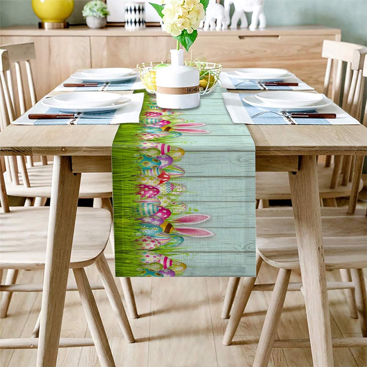 Table Runner Cotton Linen 72 Inch Long Holiday Dresser Scarf Colorful Geometric Pattern Easter Egg Spring Fresh Green Kitchen/Coffee/Dining/Bedroom/Home Living Room/Dinner Scarf Decor