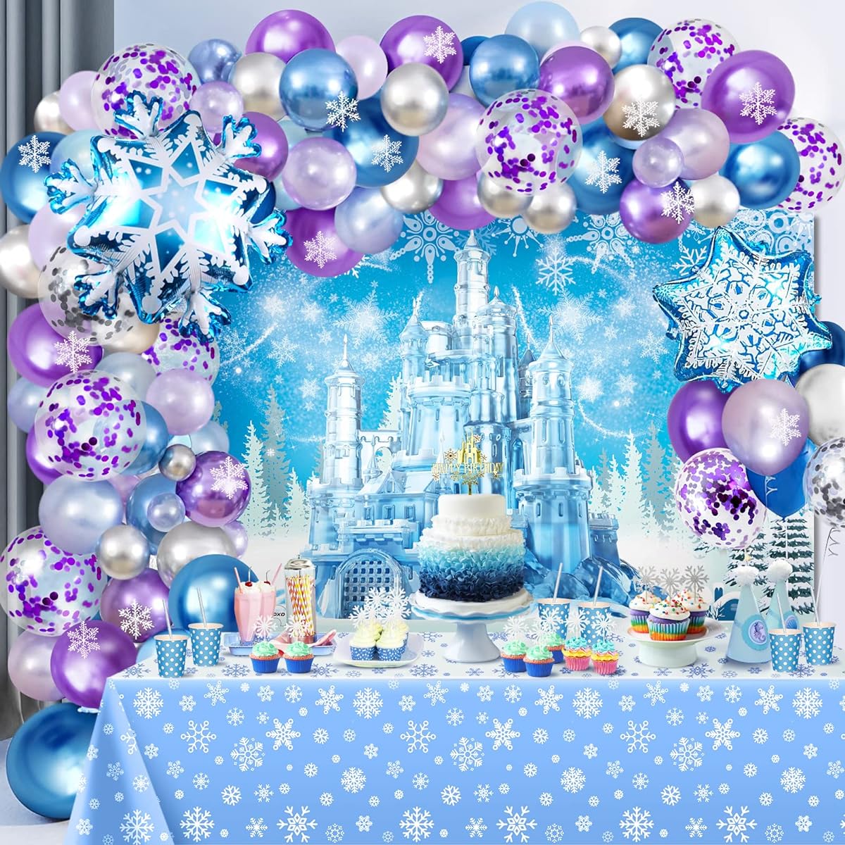 Ice Theme Party Decorations Snow Birthday Decorations Blue Purple Balloon Arch Kit Ice Snow Castle Photography Backdrop Banner Snowflake Tablecloth Girls Women Party Decorations