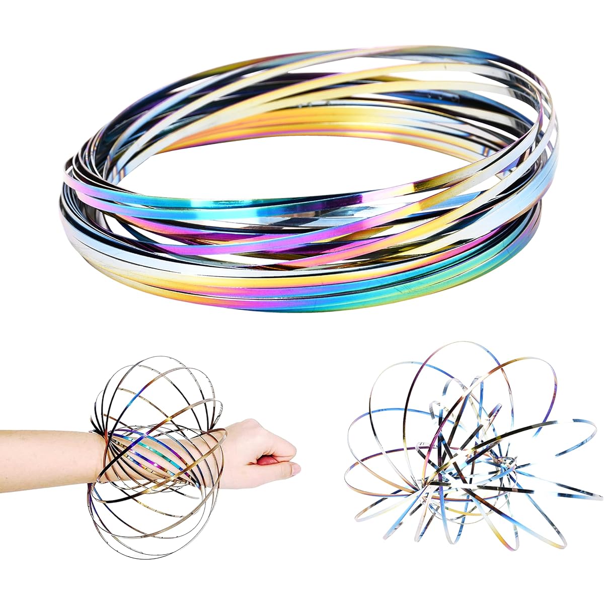 Neliblu Flooring - Stainless Steel Infinity Loop Handling - 5.1" Diameter Original Flowster Ring Kinetic Spiral Loop - Stress Relief & Fun - Colorful Ring Coils for Kids and Adults