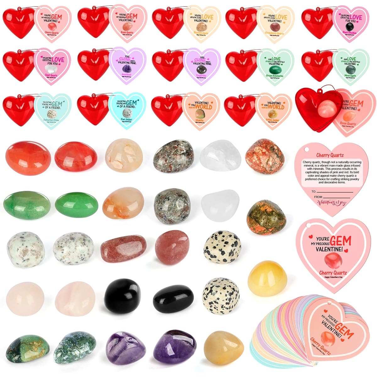 JELMOK Valentine's Day Gifts for Kids - 28 Set Valentine Exchange Cards with Gem Crystals Rock Minerals Bulk Valentine's Day Cards for Girls Boys School Class Kids Classroom Party Favors