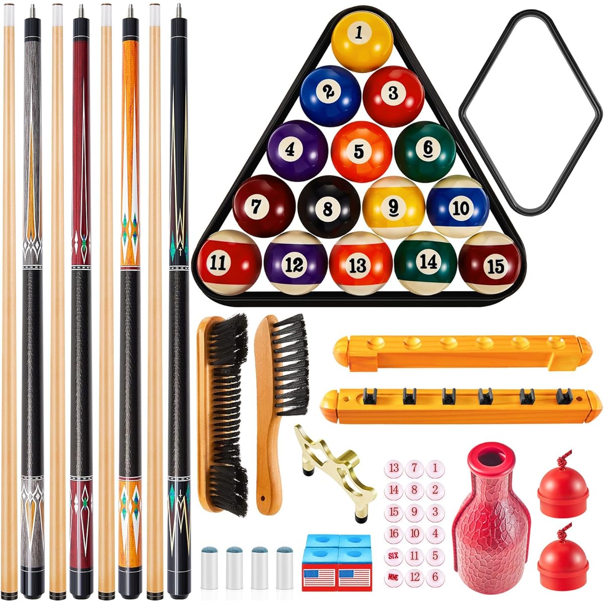 Liliful Billiard Table Accessories 4 Billiard Cue Sticks, 16 Pool Table Balls with Triangle and Diamond Ball Holders, Cue Chalk, Pool Cue Tips and Brush Set 37 Pieces