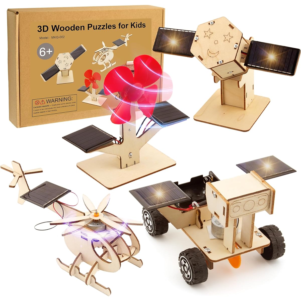 Solar Powered STEM Building Kit for Kids DIY 3D Wooden Puzzle Craft for 6-12 Year Old Boys Girls Educational Science Building Kit with 4 Models DIY Gift Toys Christmas Birthday