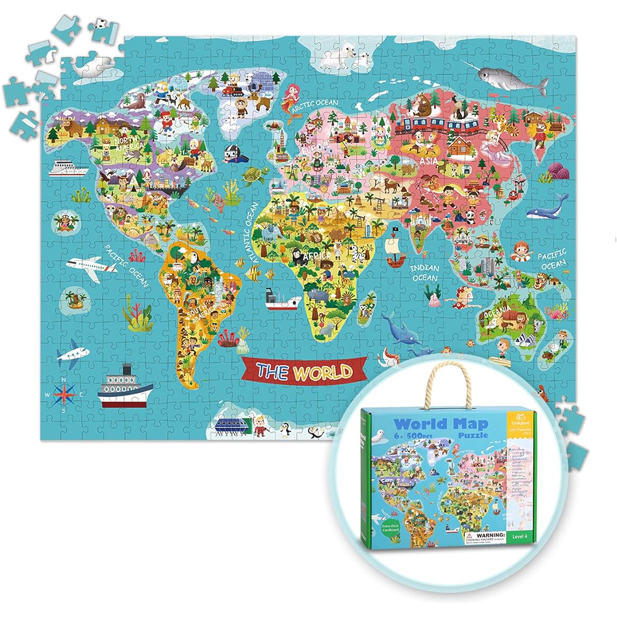 TOOKYLAND World Map Puzzle for Kids, Map Puzzle, 500 Pieces, World Puzzle with Continents, Geography Puzzle, Map Learning, For Ages 6 and Up