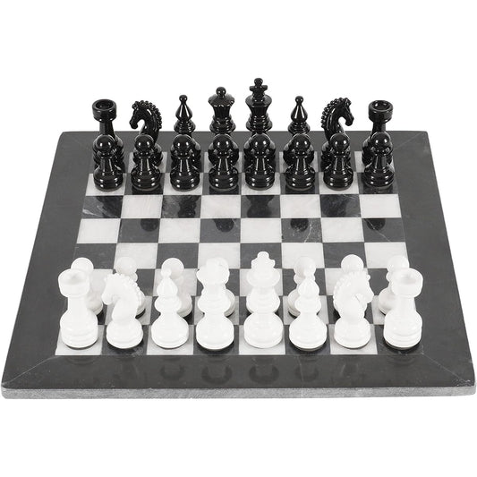 Marblous Krafts 15" Black & White Chess Set with 32 Metallic Figures & 2 Extra Queens and Marble Board - Large Staunton Handmade Chess Game Classic Home Decor Chess Set for Adults and Families